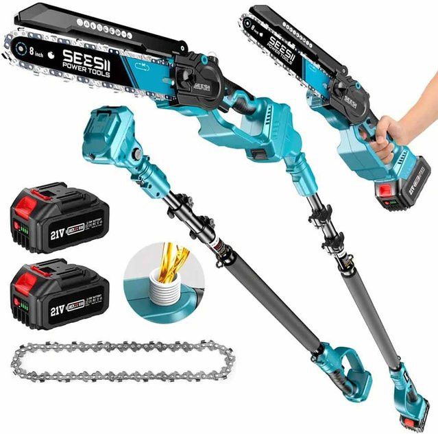 Seesii 2-in-1 Akku-Elektrokettensäge mit 8 Zoll Sägeblatt und 3m Verlängerungsstange für den Baumbeschnitt - Bild 1
