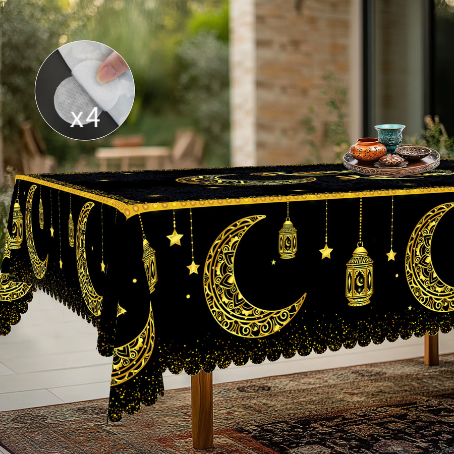 Dekorative Tischdecke aus Polyester mit orientalischem Mandala-Muster, Halbmond, Sternen und Laternen in Schwarz und Gold - Bild 3