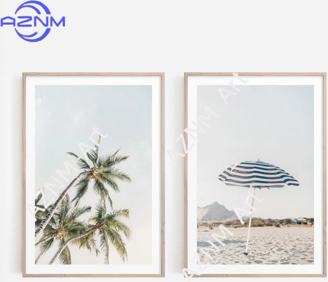 AZNM 2er-Set Maritime Wandkunst mit Palmen-Druck in Pastellfarben für deine Strandhaus-Dekoration - Bild 1