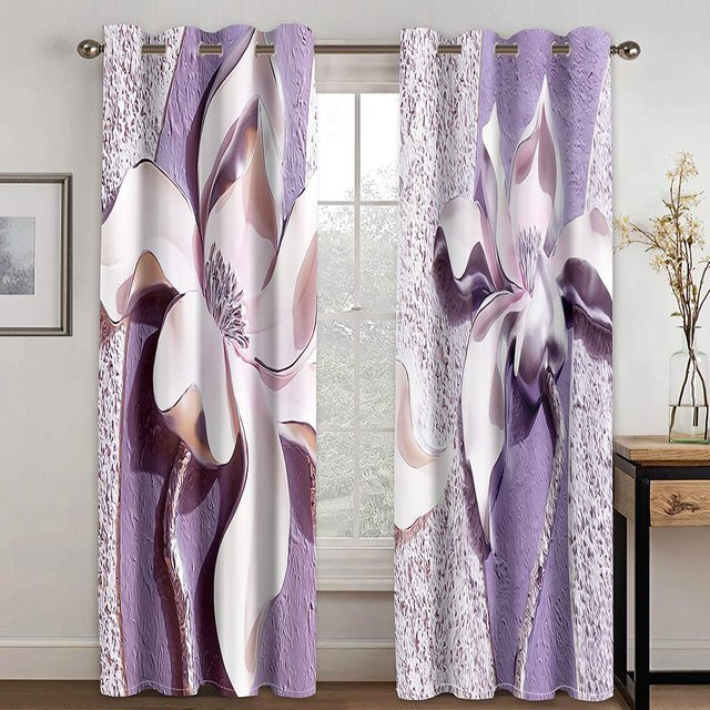 Elegante Blumen-Vorhänge im europäischen Stil, 2er-Set, Lila, halbtransparent, B: 50 cm x H: 130 cm - Bild 1