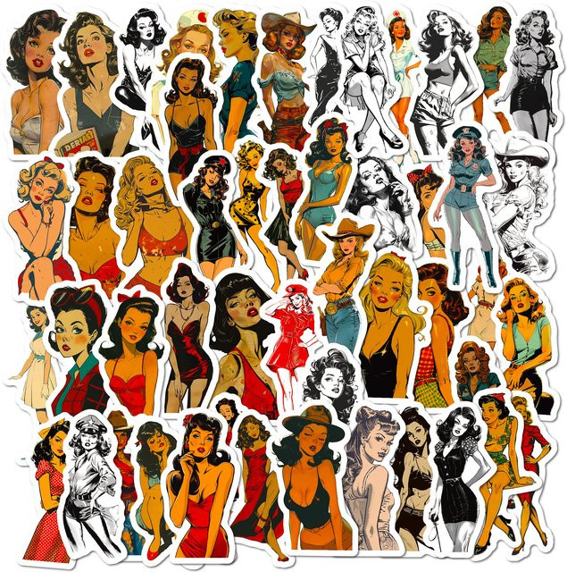 50 Stück Retro Pin-up Mädchen Aufkleber wasserdicht für Laptop, Skateboard und Scrapbooking, Mehrfarbig - Bild 1