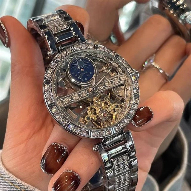 Armbanduhr Edelstahl, Automatik, Diamantbesetzt, Schwarz, Damen - Bild 1