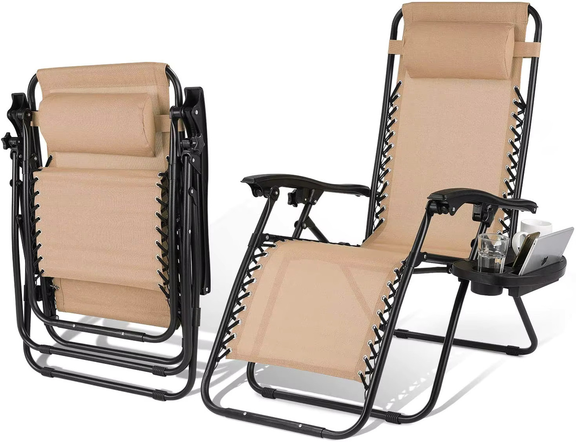 AuAg Zero Gravity Liegestuhl mit Armlehnen und Getränkehalter, gepolsterter Klappstuhl aus Textilene für Camping, Terrasse und Garten, in Beige oder Schwarz - Bild 6