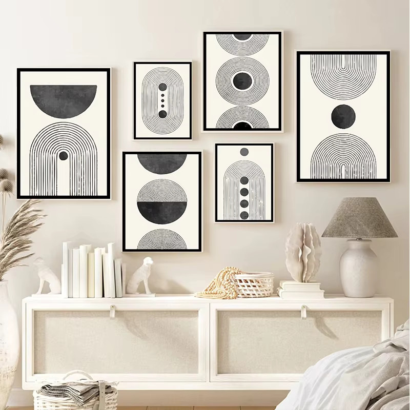 Potdemiel Abstrakte Geometrische Leinwand Wandkunst im Mid-Century Stil, Schwarz-Weiß - Bild 2