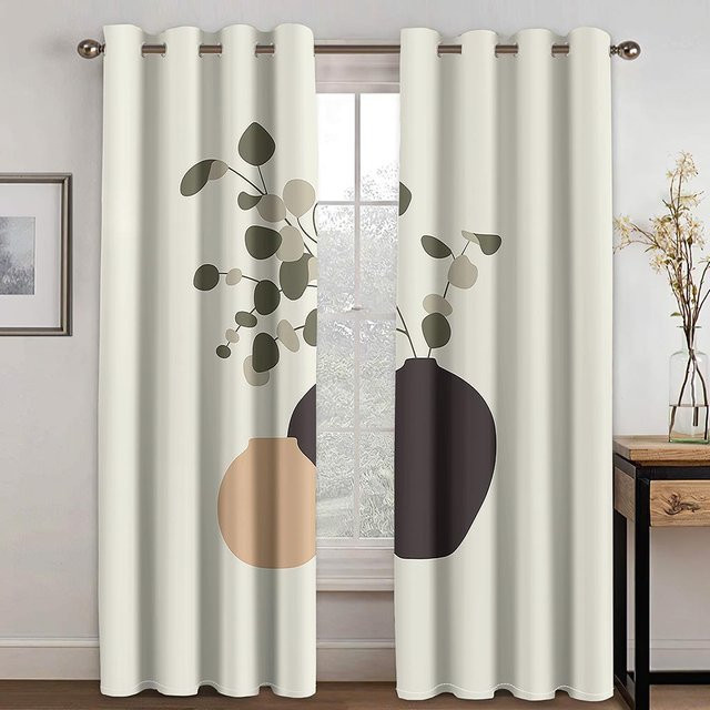 Beige Vorhänge im Bohème-Stil mit Kunstmuster, 2 Paneele, semi-transparent, B: 70 cm, H: 185 cm - Bild 1
