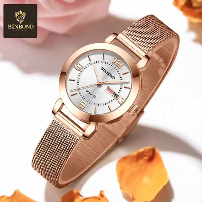 BINBOND Armbanduhr Damen, Quarz, Edelstahl, Roségold, Milanaise, Datum - Bild 2