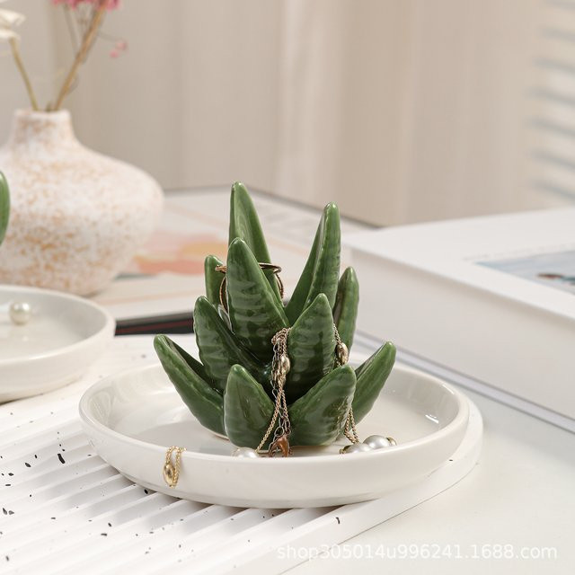 Jiahomily Schmuckhalter Aloe-Ringhalter und Kaktus-Ringschale aus Keramik in Grün - Bild 1