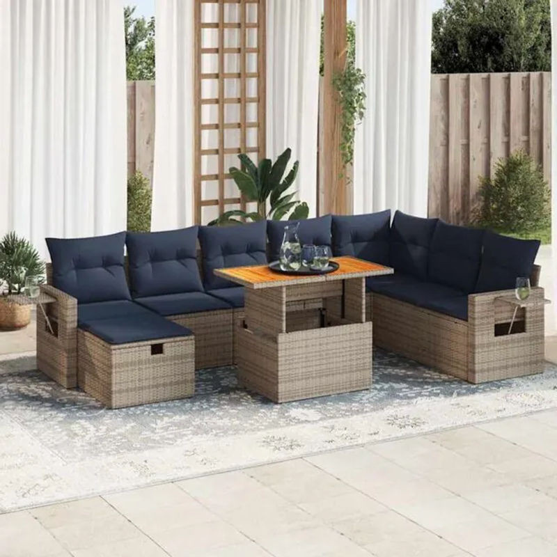 9-teilige moderne Garten-Sofagarnitur aus Poly-Rattan und Akazienholz in Grau von vidaxl - Bild 1