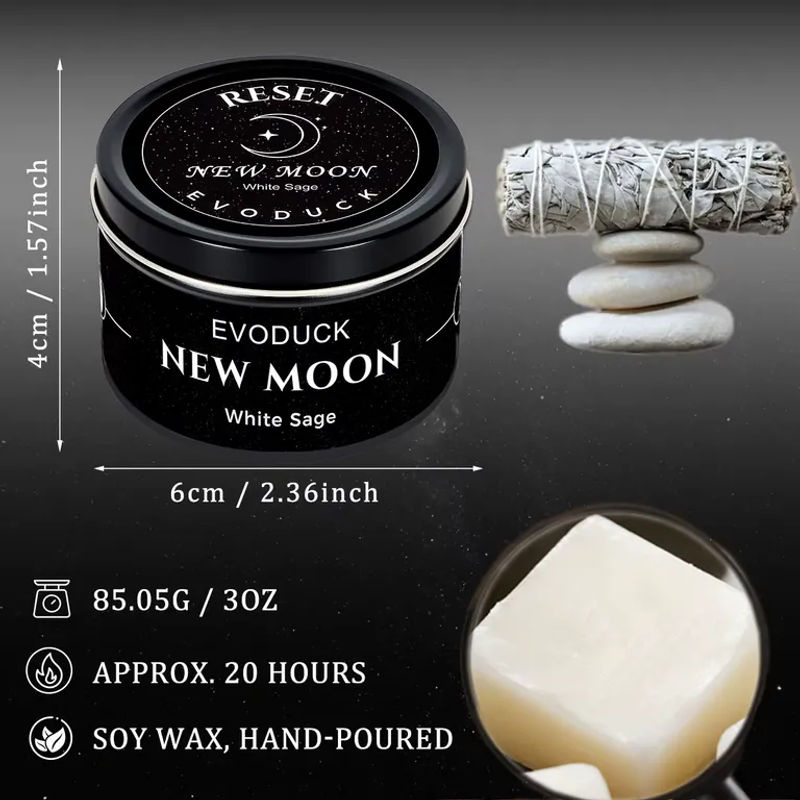 EVODUCK Neumond Duftkerze aus Sojawachs mit schwarzen Kristallsplittern in schwarzer Dose, 85 g - Bild 3