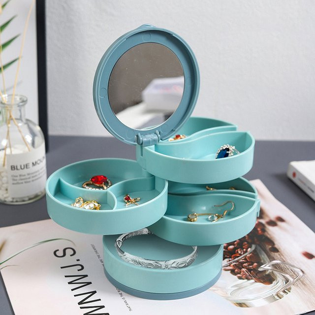 Rotierende vierlagige Schmuckschatulle von Untior in Blau mit Spiegel und mehrschichtigen Fächern zur Aufbewahrung von Halsketten, Ohrringen, Ringen und Armbändern - Bild 1