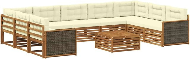 vidaXL Outdoor-Sofagarnitur aus Massivholz Akazie in L-Form, 10-teiliges Set in Natur und Beige mit wetterfesten Polstern - Bild 1
