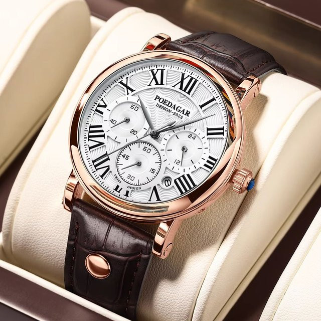 POEDAGAR Armbanduhr Chronograph, Quarz, Leder, Schwarz, Herren - Bild 1