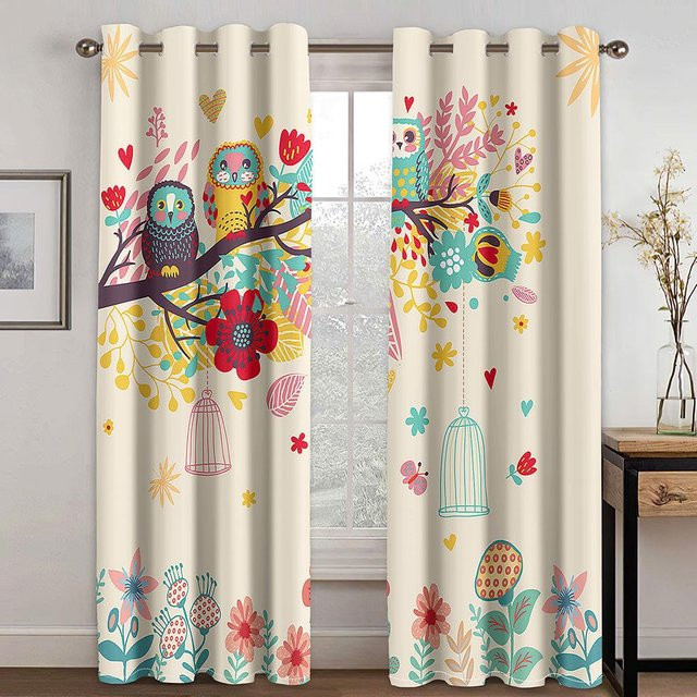 Yiran Furniture Kinder Vorhänge mit Cartoon Eulen Motiv, 2er Set, halbtransparent, Mehrfarbig, Breite: 100 cm, Höhe: 160 cm - Bild 1