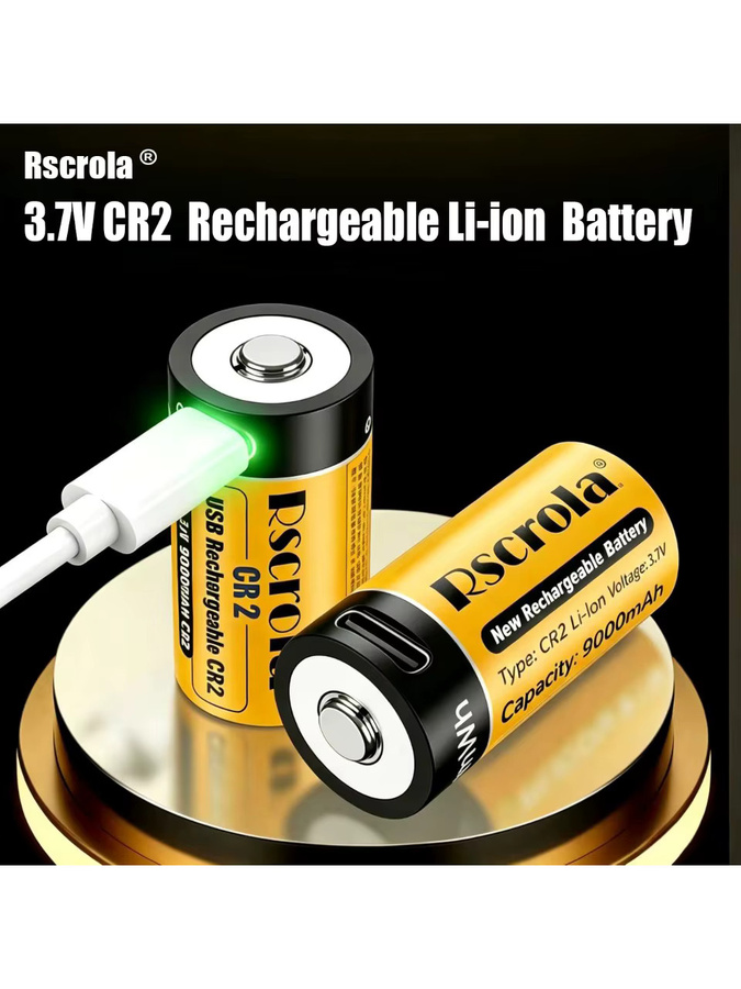 Rscrola CR2 Lithium-Ionen-Akku mit 9000mAh und USB-C-Schnellladung, Gelb - Bild 1