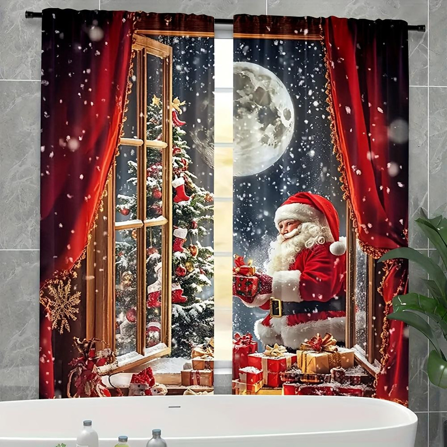 Set aus 2 halbtransparenten Polyester-Vorhängen mit Weihnachtssüßigkeiten-Kranz-Design in Multicolor, Breite: 100 cm, Höhe: 70 cm - Bild 3