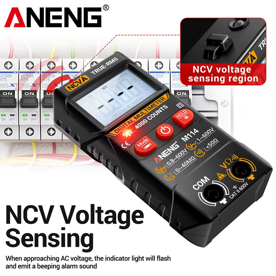 Digitales Multimeter ANENG M114 in Schwarz mit NCV-Spannungsprüfung und Signalton zur Messung von AC-Spannung, Widerstand und Strom - Bild 3
