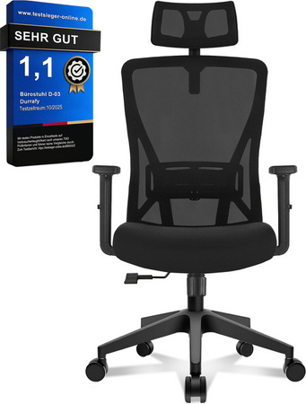 Durrafy Ergonomischer Bürostuhl in Schwarz mit verstellbarer Kopfstütze und Lendenwirbelstütze, moderner Netz-Computerstuhl mit Armlehnen und Höhenverstellbarkeit, Belastbarkeit bis 150 kg