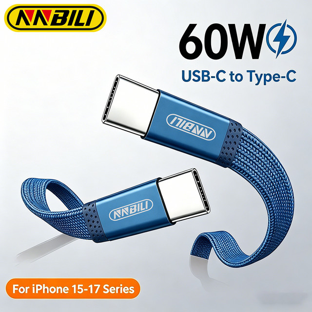NNBILI PD 60W Flaches Dual-USB-C-Datenkabel in Blau, USB-C-auf-USB-C-Ladekabel mit 3A Schnellladefunktion für iPhone 17 Pro, Samsung S26 und MacBook - Bild 1