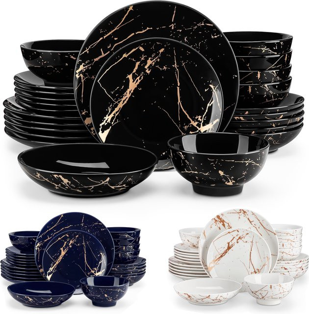 LOVECASA 24-teiliges Porzellan Geschirrset mit goldener Spritzglasur in Schwarz und Gold - Bild 1