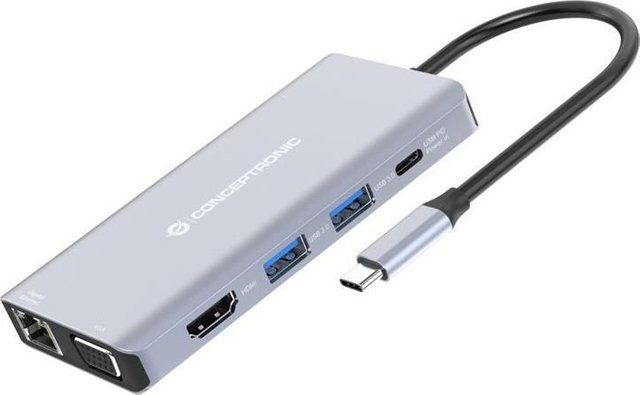 Conceptronic 10-in-1 USB-C Dockingstation mit HDMI, USB 3.0 und SD-Slot, 100W Power Delivery, grau (DONN20G) - Bild 1