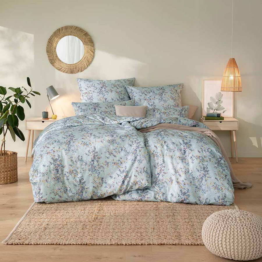 Estella Mako-Satin Bettwäsche Delizia mint Blätter und Tupfen bunt, B/H: 155 x 220 cm mit Kissenbezug 40 x 80 cm - Bild 1