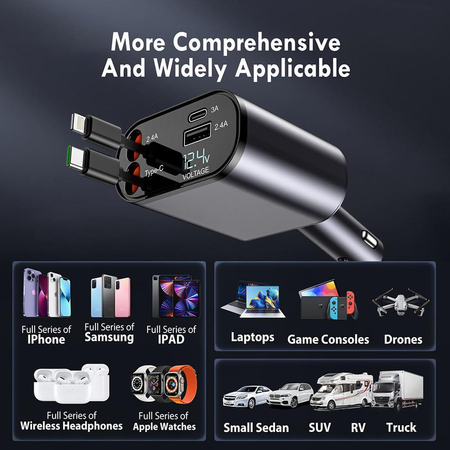 YJMP 100W Autoladegerät mit USB-C und USB-A, superschnelles Aufladen mit einziehbarem Kabel und Spannungsanzeige für iPhone, Huawei und Samsung - Bild 4