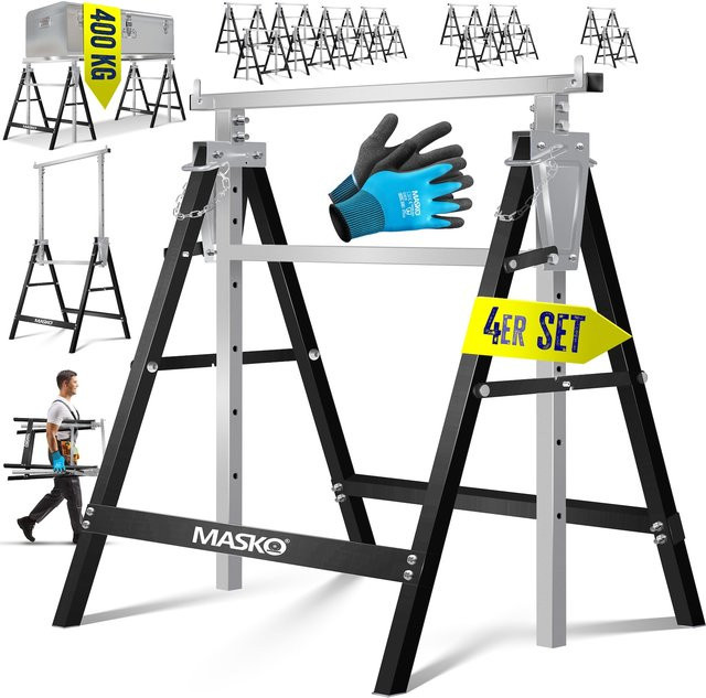 MASKO Teleskop-Arbeitsbock höhenverstellbar in Schwarz mit Handschuhen, Belastbarkeit 200 kg, Arbeitshöhe 800-1300 mm - Bild 1