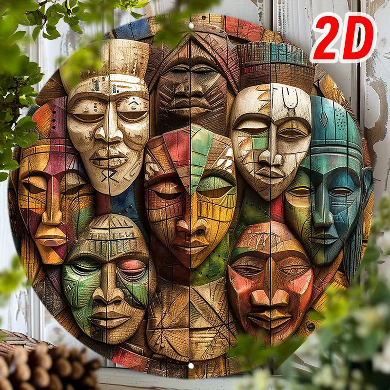 Potdemiel Afrikanische Vintage-Masken als runde Aluminium-Wandkunst, Mehrfarbig, B/T/H: 20,3 x 20,3 x 20,3 cm - Bild 3
