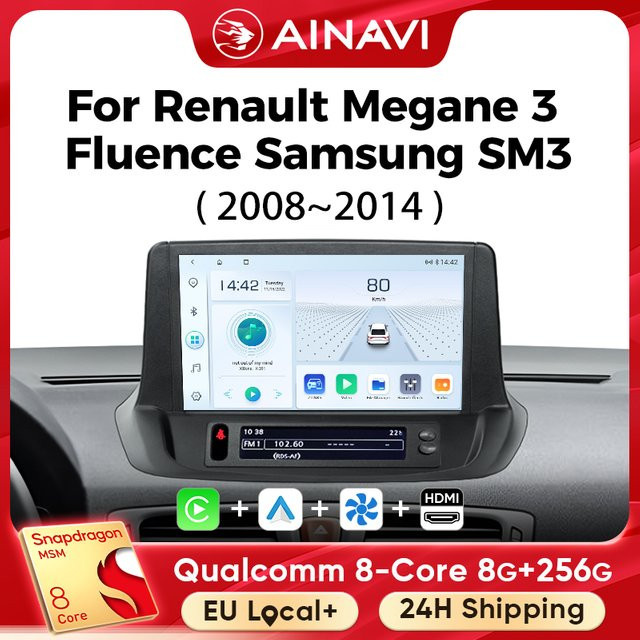Ainavi Multimedia-Player Autoradio mit Carplay und Android Auto für Renault Megane 3 RS, Fluence und Samsung SM3, Schwarz, 4G und Wifi - Bild 1