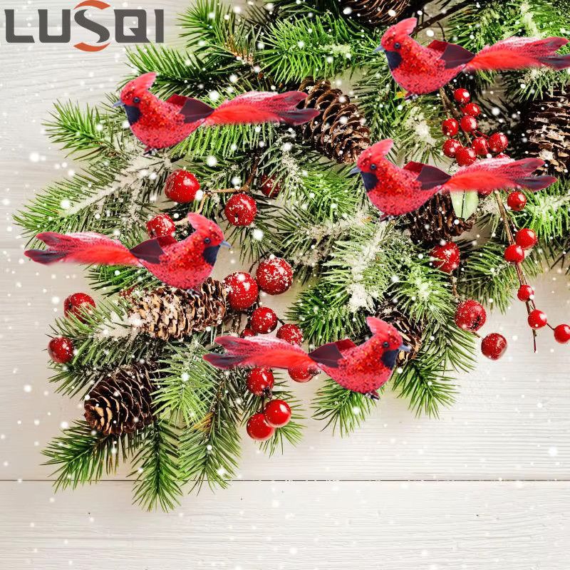 LUSQI 6er Set Rote Feder-Vogel Ornamente mit Glitter als Wasserdichte Hänge-Dekoration für Weihnachten, Hochzeit, Party und Garten - Bild 2