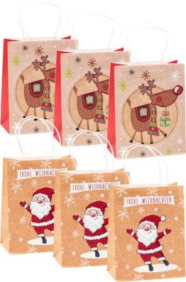 TSI Geschenktüten Set Serie 1.6, 6-teilig, Motiv Nikolaus und Rentier, braunes Kraftpapier - Bild 1