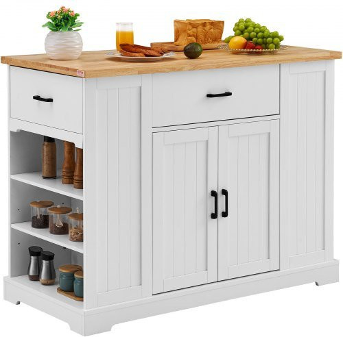 VEVOR Kücheninselwagen als Frühstücksbar mit Holzplatte und Lagerschrank in Weiß, Bauernküchentisch mit verstellbarem Regal und Schublade, B: 117 cm, H: 91 cm, T: 56 cm - Bild 1
