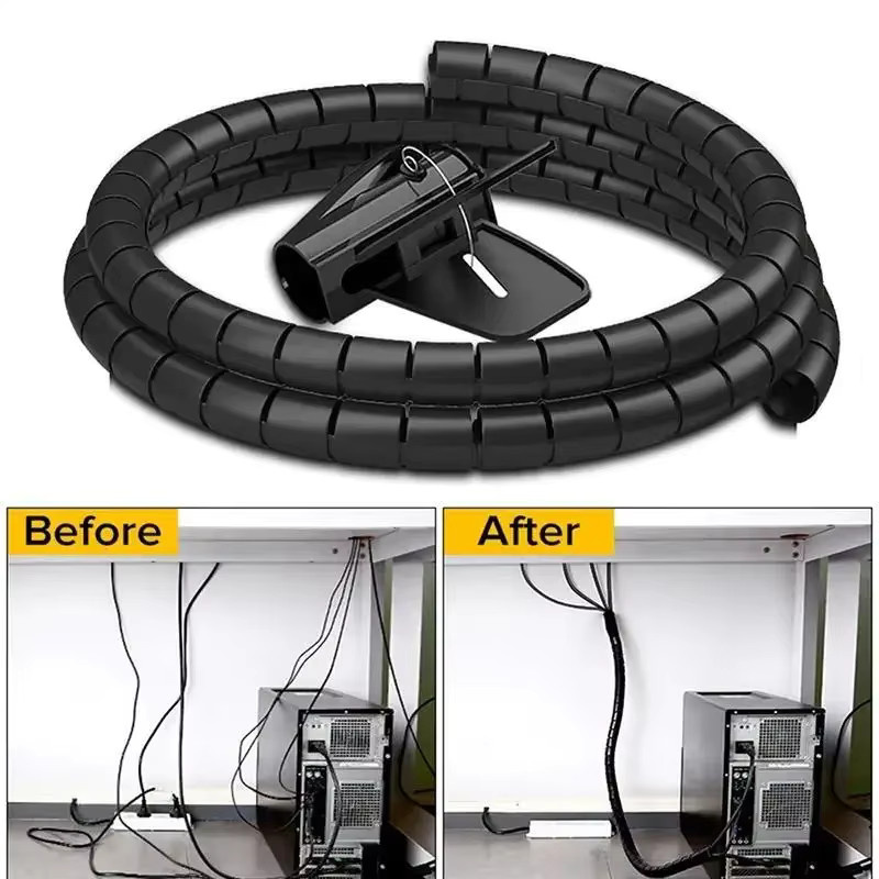 Flexibles Spiral-Computerkabel in Schwarz als Kabel-Organizer und Schutzrohr-Clip für dein Home-Office, Länge: 2 m, Durchmesser: 16 mm - Bild 2