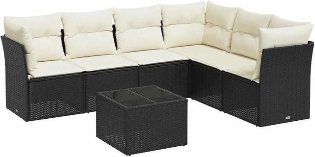 vidaXL 7-teilige Garten-Sofagarnitur in L-Form aus Poly-Rattan in Schwarz mit Sitzkissen und Stauraum - Bild 1