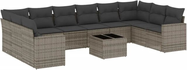 vidaXL 11-tlg. Garten-Sofagarnitur in L-Form aus grauem Poly-Rattan mit Kissen und Couchtisch - Bild 1