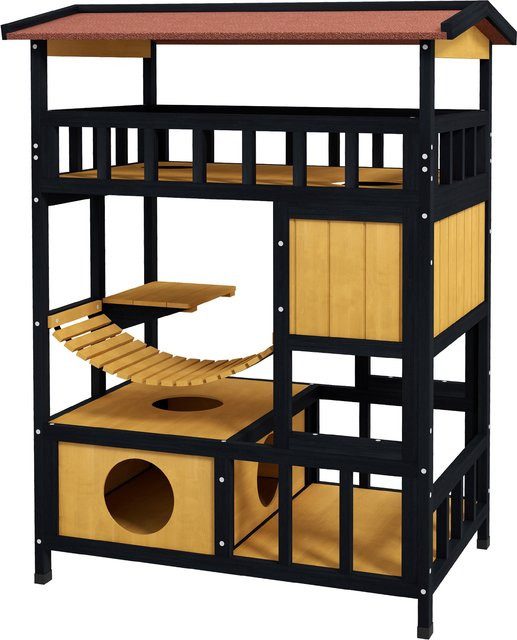 PawHut Katzenhaus aus Kiefernholz in Gelb mit Plattformen und Hängebrücke für bis zu 2 Katzen, B/H/L: 60 x 116 x 84 cm - Bild 5
