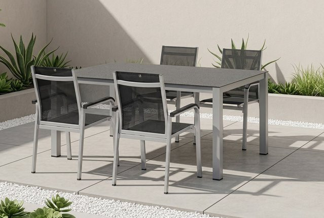 Kettler BasicPlus Premium Garten-Essgruppe aus Aluminium und Spraystone in Silber und Grau mit Tisch und 4 Stapelsesseln, Tisch Breite: 160 cm, Tiefe: 95 cm, Höhe: 75 cm - Bild 1