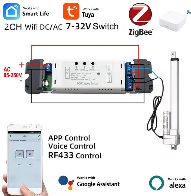 Scimagic-RC Zigbee Smart Electric Actuator Motor Controller 2-Kanal Schalter mit RF433 Fernbedienung und Pulse Modul Relais in Weiß - Bild 1