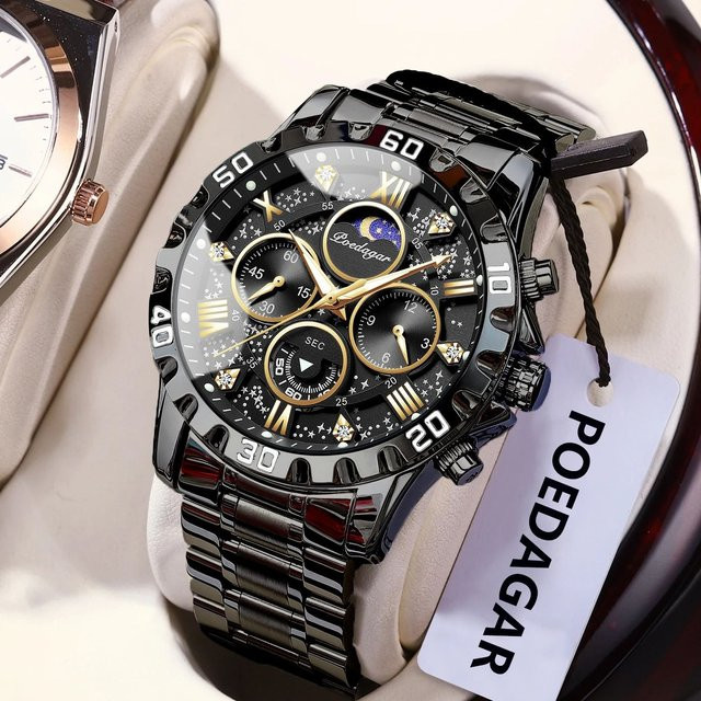 POEDAGAR Chronograph Armbanduhr, Quarz, Edelstahl, Schwarz, Herren - Bild 1