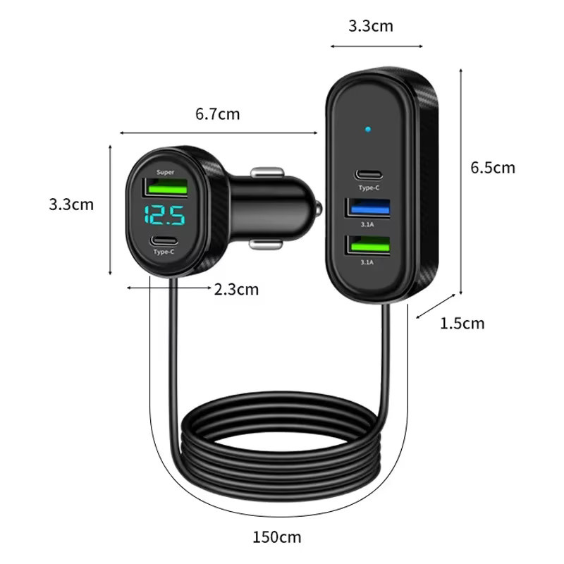 Autoladegerät kebidumei mit 66 W Schnellladung, USB Typ C, 3.1 A, inklusive 1,5 m Verlängerungskabel, Schwarz - Bild 4