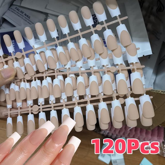 Künstliche Nägel, 120 Stück, Sargform, weißes Randdesign, matt, nude - Bild 1