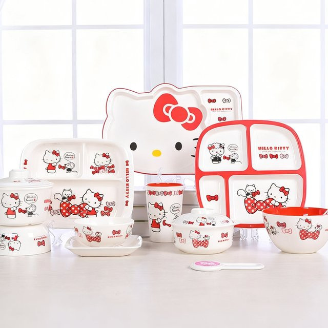 Sanrio Hello Kitty Baby Schüssel aus Kunststoff in Weiß mit Strohhalm und Anti-Verbrühungsschutz, stapelbar - Bild 1