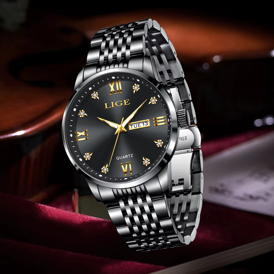 LIGE Armbanduhr Edelstahl, Quarz, Schwarz, Herren, Datum, Wochentag - Bild 3