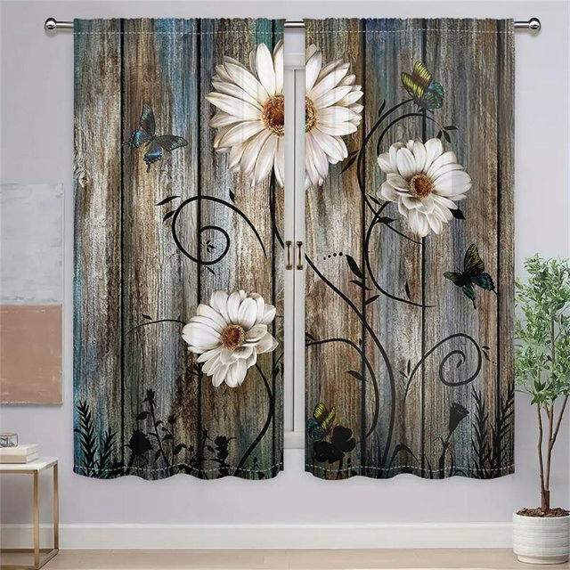 2er-Set Rustikale Blumenvorhänge mit Daisy- und Schmetterlingsmuster in Grau, Semi-transparent mit Holzmaserung-Optik, Breite: 75 cm, Höhe: 165 cm - Bild 1