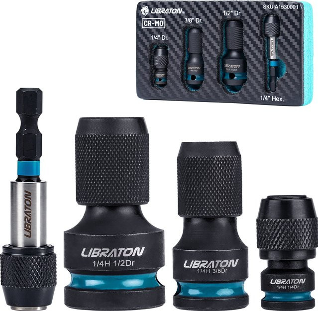 LIBRATON 4er Set Impact Hex Konverter Universal Schlagschrauber Adapter in Schwarz, 1/4 Zoll, 3/8 Zoll und 1/2 Zoll mit Innensechskant und Schnellwechsel-Funktion - Bild 1