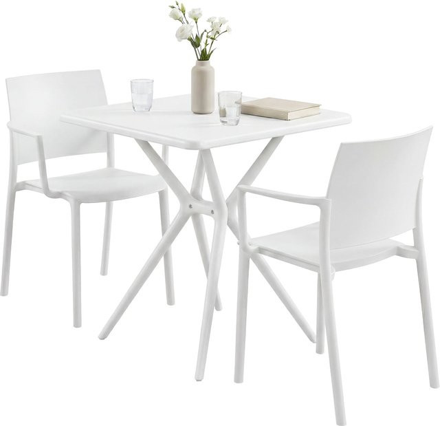 CLP Gartenmöbel-Set Pula in Weiß, wetterfeste Sitzgruppe aus Kunststoff mit 2 Stapelstühlen und quadratischem Bistrotisch für Balkon, Terrasse und Garten - Bild 1