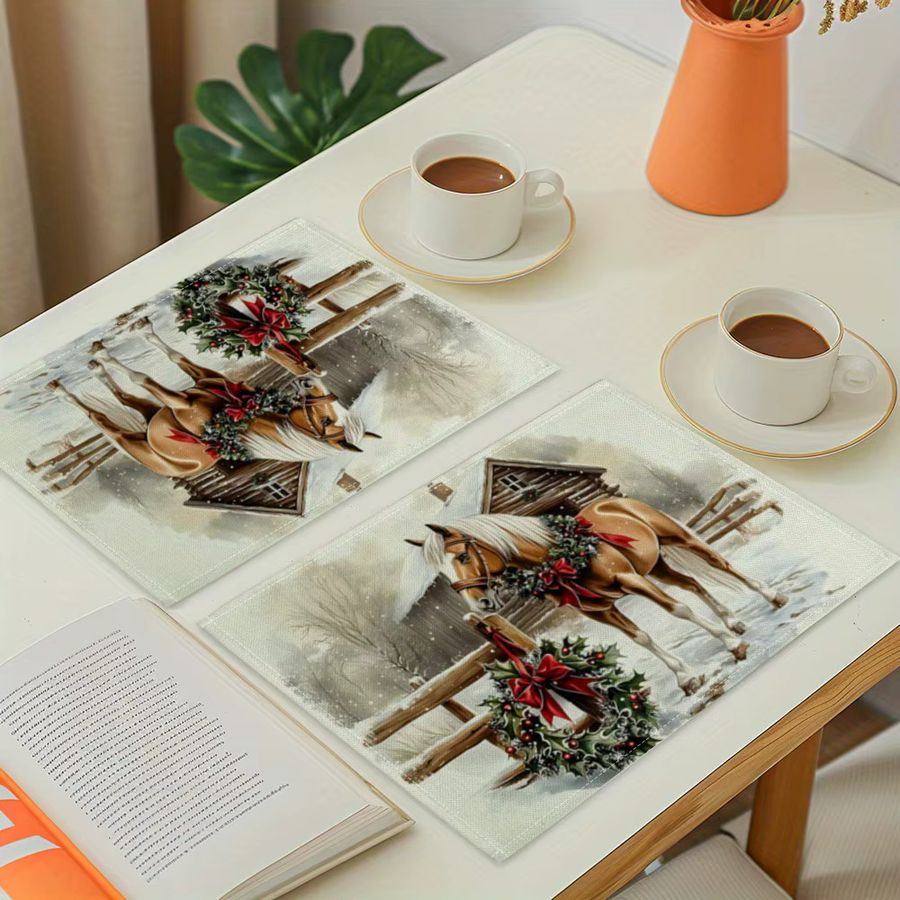 VIKAMA 4-teiliges Tischset mit Weihnachts-Pferde-Aufdruck, rutschfeste Tischmatte für die Weihnachtsdekoration - Bild 3