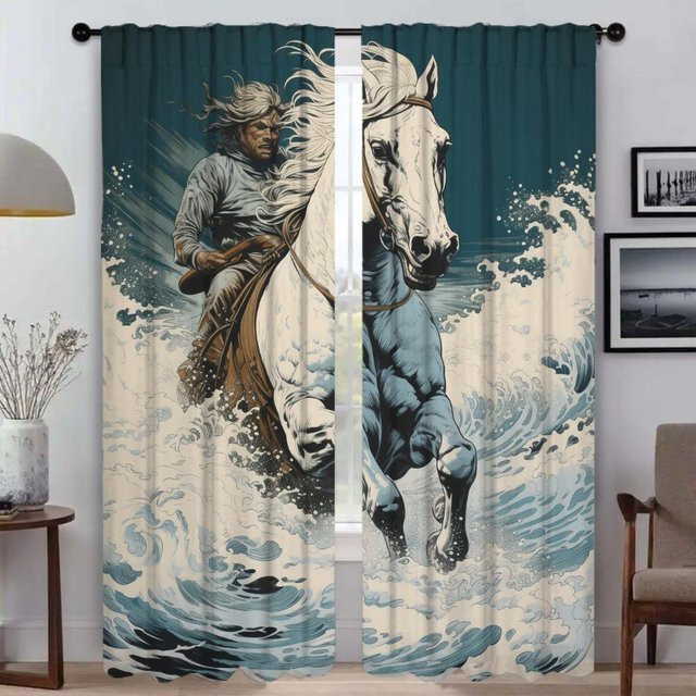 2er-Set Pferde-Tüllvorhänge für Wohnzimmer und Schlafzimmer, halbtransparent, Mehrfarbig, B: 60 cm, H: 90 cm - Bild 1