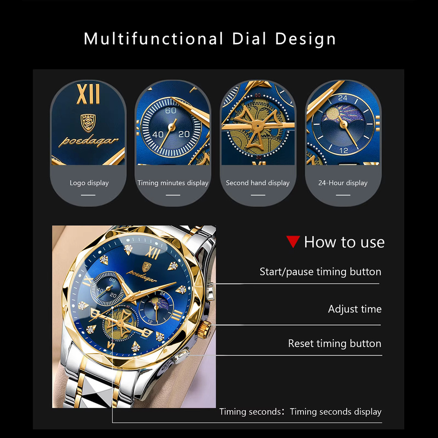 POEDAGAR Armbanduhr Chronograph, Quarz, Edelstahl, Herren - Bild 2