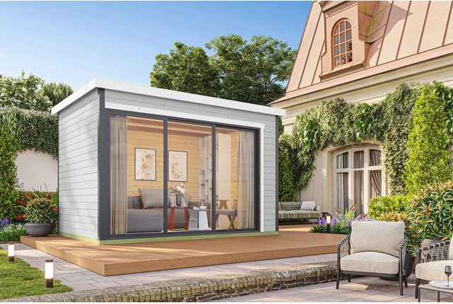 Lasita Blockbohlenhaus Austin Gartenhaus mit Flachdach in Lichtgrau, B/T/H: 379,6 x 239,4 x 259,6 cm - Bild 1